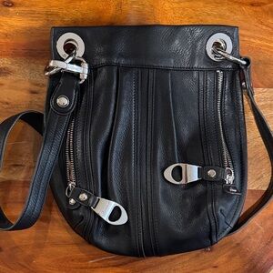 B Makowski Black Leather Shoulder Bag purse silver hardware